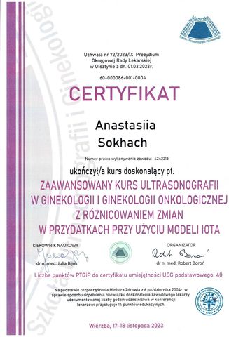 Zaawansowany kurs ultrasonografii w ginekologii i ginekologii onkologicznej z różnicowaniem zmian w przydatkach przy użyciu modeli IOTA, Wierzba — Mazurska Szkoła Ultrasonografii i
