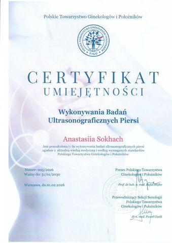 Certyfikat Umiejętności Wykonywania Badań Ultrasonograficznych Piersi — Polskie Towarzystwo Ginekologów i Położników